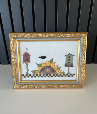 Vintage cross stitch birdhouse and sunflowers