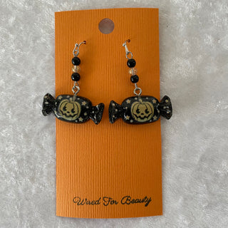 Halloween earrings, black candy wrappers