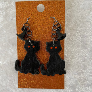 Halloween earrings, black wood cats w/ hat accents