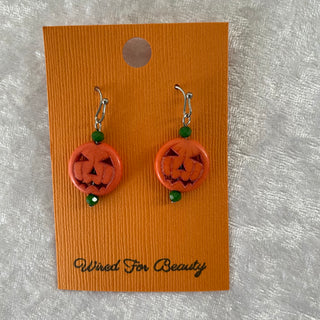 Halloween earrings, pumpkins w/ green bead accents