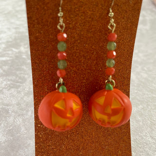 Halloween earrings, dangling pumpkins w/ orange & green beads