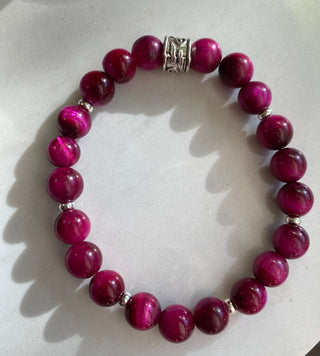 Magenta tiger eye/silver beaded bracelet