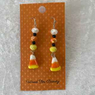 Halloween earrings, candy corns w/ tri-color beads