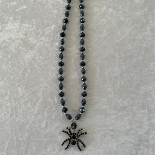 Halloween necklace w/ black beads & black spider pendant