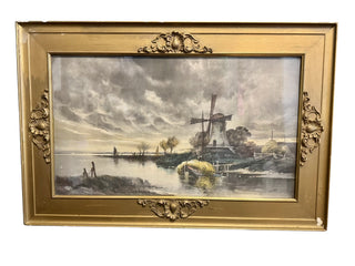 Antique 1905 Gothic Dutch Windmill Print in Ornate Gilt Frame