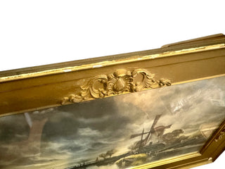 Antique 1905 Gothic Dutch Windmill Print in Ornate Gilt Frame