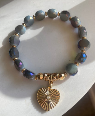 Biue flat beaded bracelet/gold heart charm