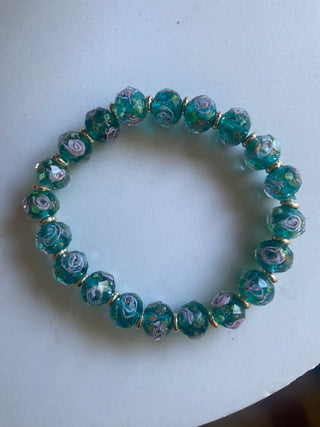Teal/pink rose glass beaded bracelet