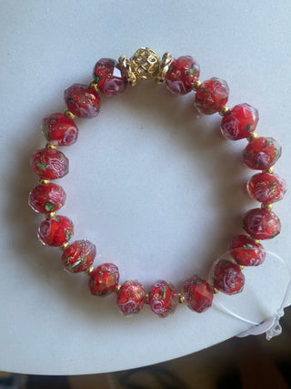 Red/gold/pink rose glass beaded bracelet