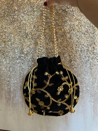Embellished Potli Bag in Black and Gold
