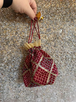 Embellished Potli Bag in Red and Colored Embroidery