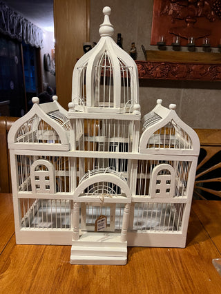 Large Vintage White Wooden Birdcage