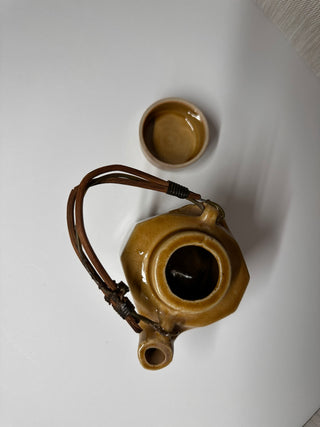Vintage Japanese Ceramic Trainware Teapot Set – Hexagonal Pagoda Design with Woven Bamboo Handle & Matching Tea Cup Lid