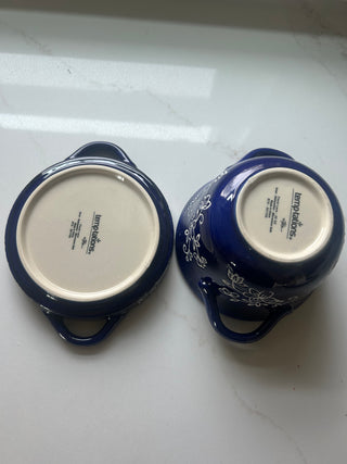 Temp-tations by Tara Floral Lace soup crock in Cobalt Blue, featuring a delicate white floral pattern and a bead-textured rim.Design: Cobalt blue ceramic with a white floral lace pattern and handle accents.Material: Constructed from durable ceramic design