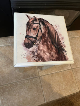 Small Custom Designed Distressed Horse Side Table. RSV