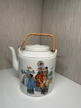 Vintage Chinese Porcelain Teapot with Woven Bamboo Handle – Hand-Painted Figure Design