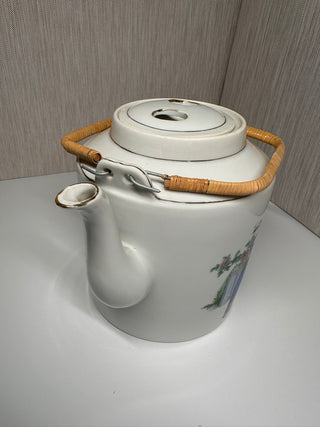 Vintage Chinese Porcelain Teapot with Woven Bamboo Handle – Hand-Painted Figure Design