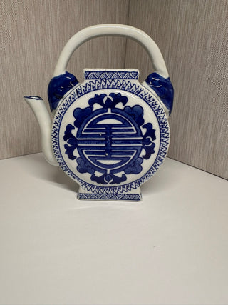 Chinoiserie Blue and White Ceramic Teapot Round Flat Longevity Character Vase