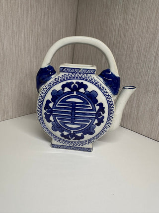 Chinoiserie Blue and White Ceramic Teapot Round Flat Longevity Character Vase