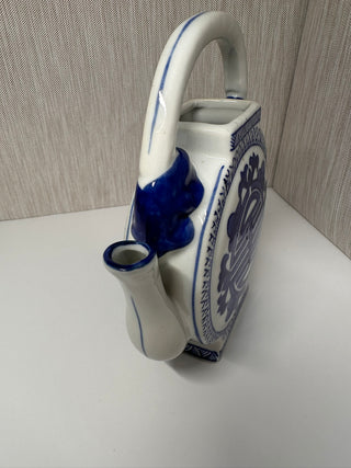 Chinoiserie Blue and White Ceramic Teapot Round Flat Longevity Character Vase