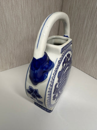 Chinoiserie Blue and White Ceramic Teapot Round Flat Longevity Character Vase