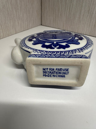 Chinoiserie Blue and White Ceramic Teapot Round Flat Longevity Character Vase