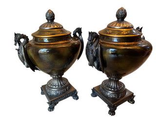 Ornate Neoclassical Decorative Pedestal Urns with Dragon Handles – Pair