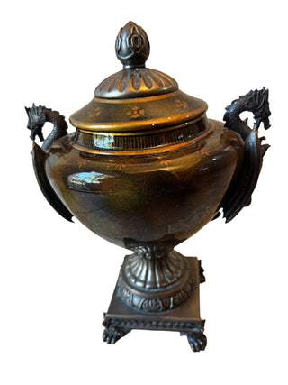 Ornate Neoclassical Decorative Pedestal Urns with Dragon Handles – Pair