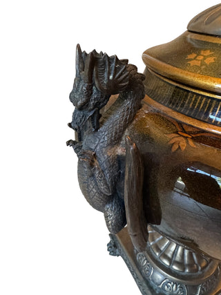 Ornate Neoclassical Decorative Pedestal Urns with Dragon Handles – Pair
