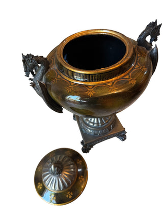 Ornate Neoclassical Decorative Pedestal Urns with Dragon Handles – Pair