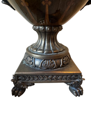 Ornate Neoclassical Decorative Pedestal Urns with Dragon Handles – Pair