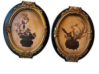 VTG 1970s Bird Floral Oval Wall Plaques - Pair
