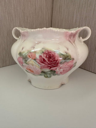 Antique RS Prussia Porcelain Biscuit Jar | Turn of the Century Hand Painted Pink Rose Molded Cracker Jar, Missing Lid, Art Nouveau German Pottery, Collectible Suhl Porcelain