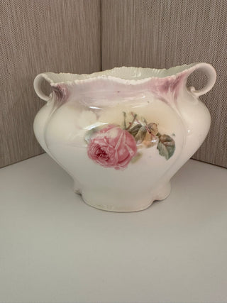 Antique RS Prussia Porcelain Biscuit Jar | Turn of the Century Hand Painted Pink Rose Molded Cracker Jar, Missing Lid, Art Nouveau German Pottery, Collectible Suhl Porcelain