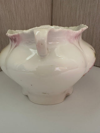 Antique RS Prussia Porcelain Biscuit Jar | Turn of the Century Hand Painted Pink Rose Molded Cracker Jar, Missing Lid, Art Nouveau German Pottery, Collectible Suhl Porcelain