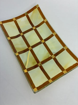 Fused Art Glass Tray — Grid Pattern with Gold Accents