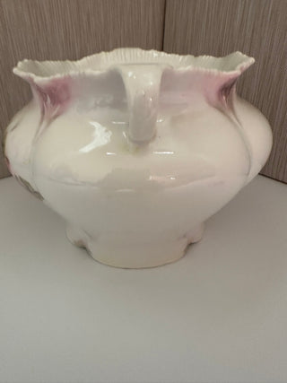Antique RS Prussia Porcelain Biscuit Jar | Turn of the Century Hand Painted Pink Rose Molded Cracker Jar, Missing Lid, Art Nouveau German Pottery, Collectible Suhl Porcelain
