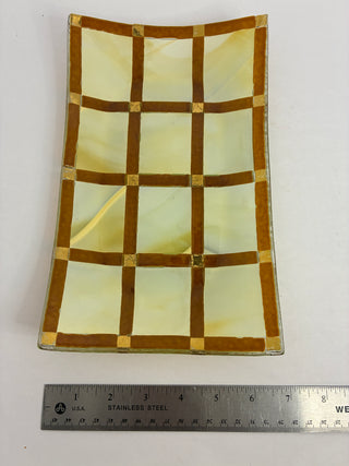 Fused Art Glass Tray — Grid Pattern with Gold Accents