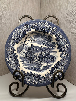 Vintage EIT English Ironstone Blue & White Dickens Series Stagecoach Rim Soup Bowl, Made in England