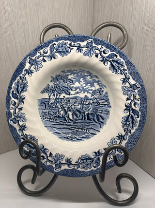 Vintage Royal Wessex Blue Transferware Soup Bowl, English Scenes Horse & Equestrian Pattern, Swirl Rim Ironstone England