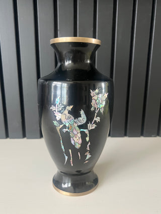 Vintage lacquered brass shell inlay vase