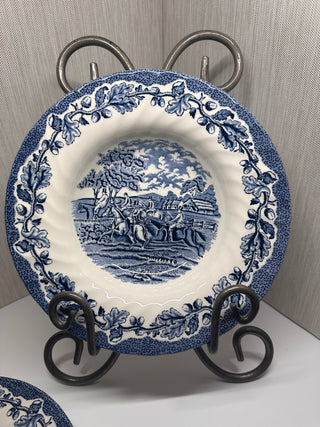 Vintage Royal Wessex Blue Transferware Soup Bowl, English Scenes Horse & Equestrian Pattern, Swirl Rim Ironstone England