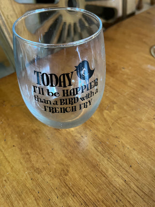 Bird With A French Fry Stemless Wine Glass