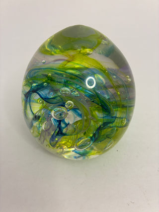 Art Glass Egg Paperweight — Aquatic Swirl Interior