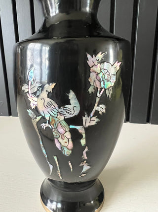 Vintage lacquered brass shell inlay vase