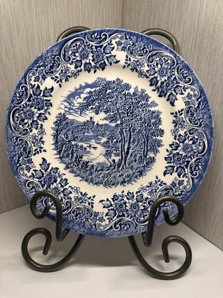 Vintage Churchill England "English Scene Blue" Luncheon Plate - 9 1/2" Blue and White Ironstone Transferware, Pastoral Fishing & Castle Landscape