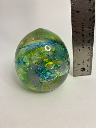 Art Glass Egg Paperweight — Aquatic Swirl Interior