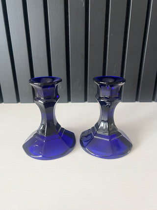 Set of 2 cobalt blue glass candlestick holders