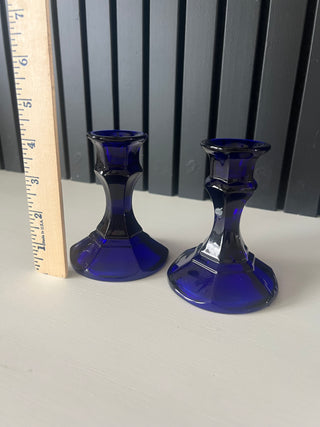 Set of 2 cobalt blue glass candlestick holders