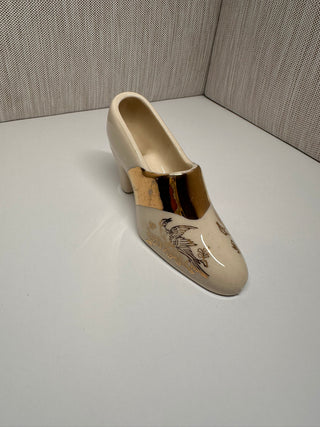 Vintage Porcelain Miniature High Heel Shoe Figurine – Gold Gilt Ceramic Victorian Slipper, Hand-Painted Bird Design, Collectible Souvenir Trinket Dish